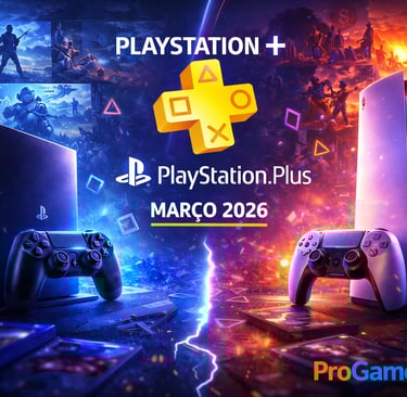 Imagem editorial do PS4 em destaque com tema de PS Plus março de 2026.