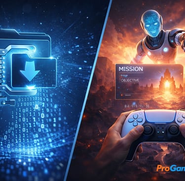 Arte mostra compressão de jogos e IA ajudando jogador no PlayStation.