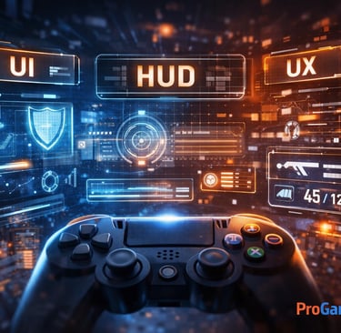 Controle com painéis holográficos de UI, HUD e UX em cenário futurista.