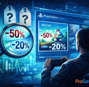 Jogador observa vitrine digital com descontos diferentes e etiquetas de dúvida.