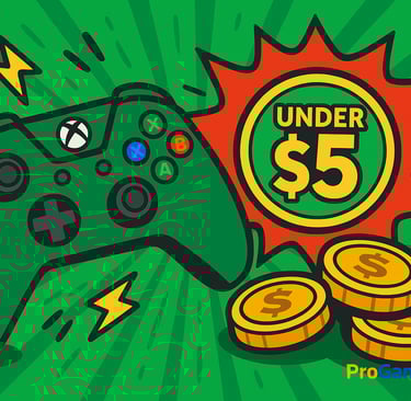 Controle do Xbox com destaque para caixas de jogos voando e efeito visual de promoção.