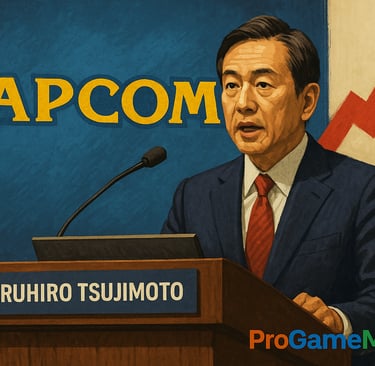 Presidente da Capcom fala sobre reajustes com seta de alta ao fundo.