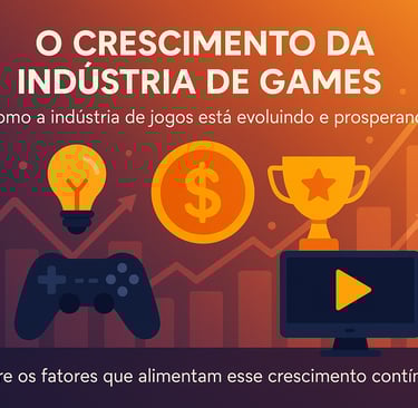 controle de videogame, lâmpada, troféu e gráfico em ascensão, simbolizando inovação, sucesso.
