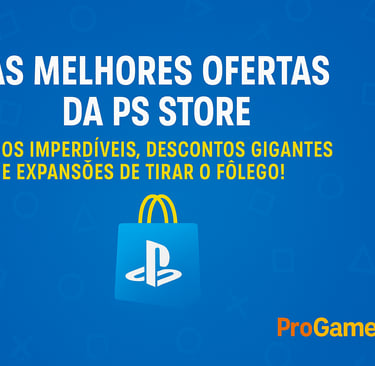 Imagem horizontal com sacola da PlayStation e fundo azul vibrante promovendo ofertas da PS Store.