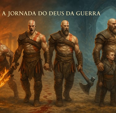 Trajetória de Kratos em God of War, da mitologia grega à nórdica, destacando sua evolução como guerr