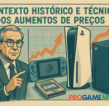 Ilustração educativa mostra consoles e gráfico de alta de preços.