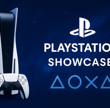 PlayStation Showcase 2025 com PS5 e símbolos clássicos em fundo azul estrelado