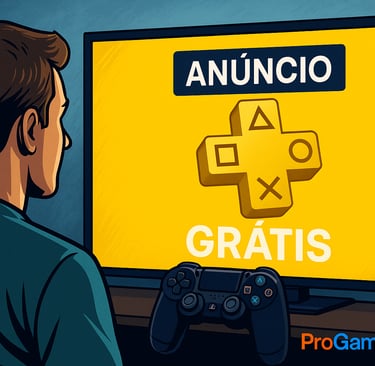 Jogador vendo na TV um anúncio da PS Plus gratuita com o logotipo amarelo da PlayStation Plus.