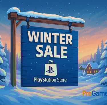 Personagens em avenida digital com banners de desconto da PS Store sob neve.