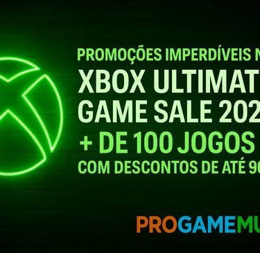 Banner promocional com logo Xbox e texto “Xbox Ultimate Game Sale 2025 – até 90% OFF”.
