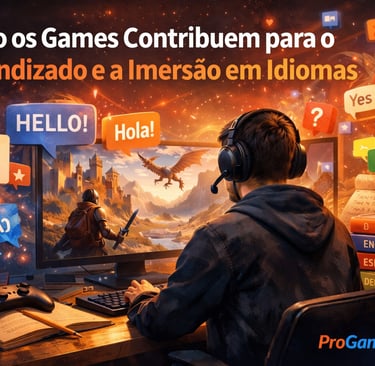 Jogador em frente ao computador com jogo narrativo e elementos visuais de aprendizado de idiomas