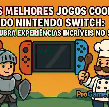 Nintendo Switch com personagens estilo cartoon representando jogos cooperativos.