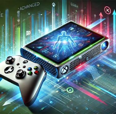 Representação do Xbox portátil com tela brilhante e interface de jogo detalhada.