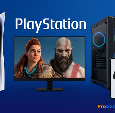Montagem com PS5, PC, celular e personagens da PlayStation.