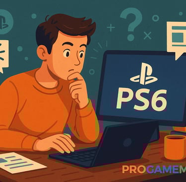 Jovem pesquisando sobre o PS6 em um notebook, com expressão de dúvida.