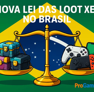 Balança de justiça equilibrando loot boxes e videogames com bandeira do Brasil e título centralizado