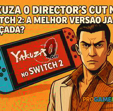 Kazuma Kiryu em arte estilo HQ ao lado de um Nintendo Switch 2 com fundo laranja vibrante e título