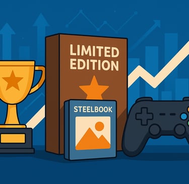 Ilustração horizontal com itens colecionáveis de games e gráficos de crescimento.