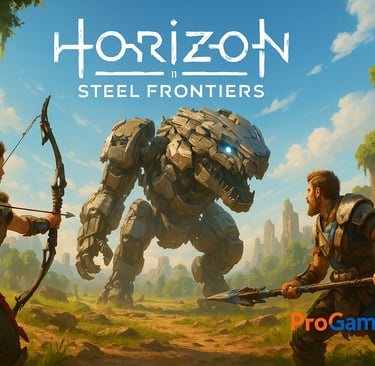 Cena de dois caçadores enfrentando uma máquina gigante em um vale aberto, representando o início 