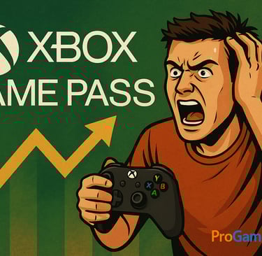 Gamer indignado segura controle Xbox diante de gráfico de aumento do preço do Game Pass.