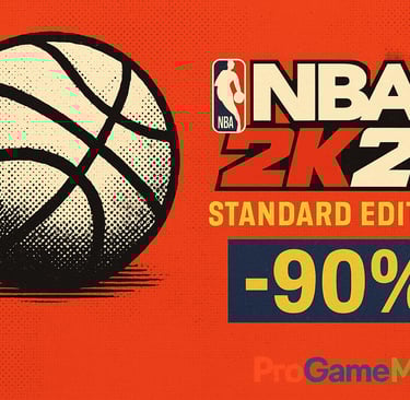 Promoção de NBA 2K25 com bola de basquete e 90% de desconto em destaque.