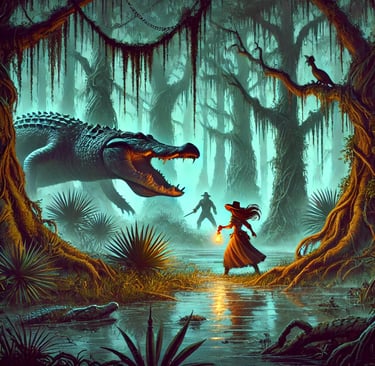 a woman in a long dress standing in front of a crocodile