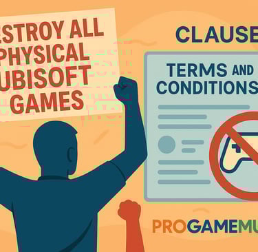 Manifestante com cartaz e documento de termos da Ubisoft em protesto ilustrado.