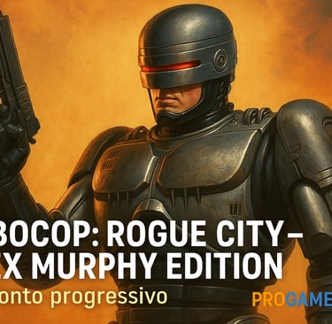RoboCop em pose heroica com fundo laranja, arma em punho e visual futurista.