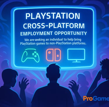 Cartaz digital anunciando vaga multiplataforma cercado por jogadores curiosos.
