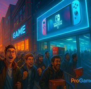 Ilustração panorâmica mostrando uma longa fila de jogadores ao amanhecer, aguardando a abertura.