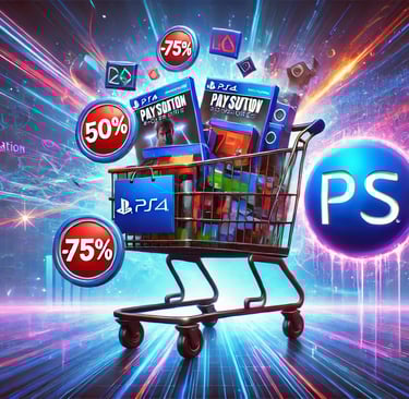 Mostra um carrinho de compras repleto de jogos e ofertas, destacando a ideia de economia e oportunid