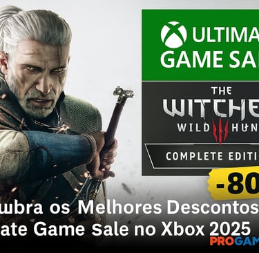 Geralt empunhando sua espada ao lado do banner da Ultimate Game Sale com 80% de desconto.