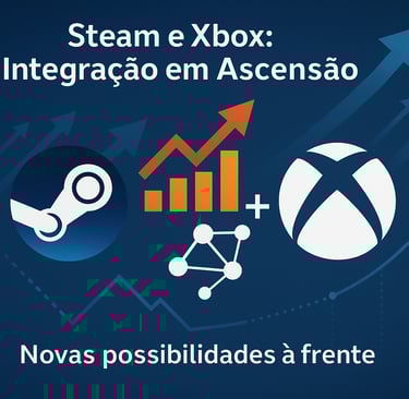 Steam e Xbox com ícones de crescimento e integração sobre fundo azul.