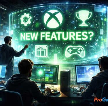 Equipe diante de painel holográfico com novos recursos do Xbox em destaque.
