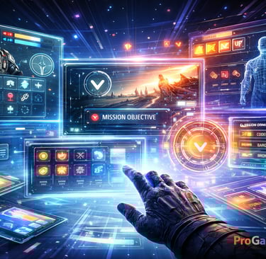 Painéis holográficos e HUD futurista em cena editorial sobre interfaces nos games.