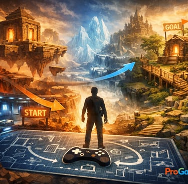 Composição editorial sobre design de fases, mapas, desafio e exploração nos games.