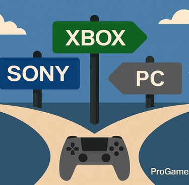 Estrada se divide em três caminhos com placas Sony, Xbox e PC.