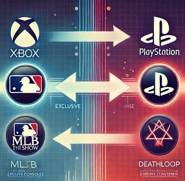 Ilustração de jogos exclusivos MLB: The Show e Deathloop mudando de plataforma.