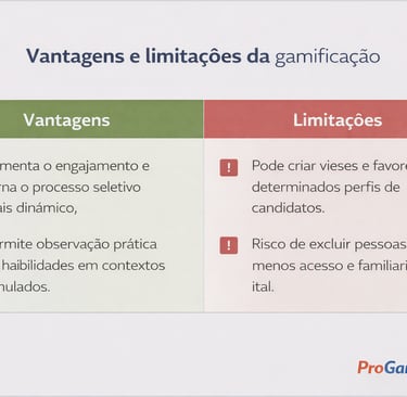 Quadro comparativo apresenta vantagens e limitações do uso da gamificação em processos seletivos.