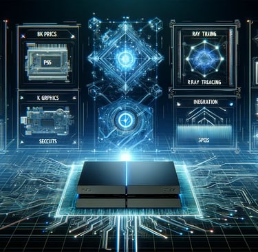Representação futurista do PS6 com hologramas exibindo especificações como 8K, ray tracing e IA