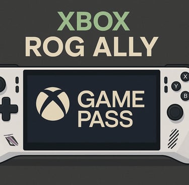 Console portátil ROG Ally com logo do Xbox e Game Pass na tela.
