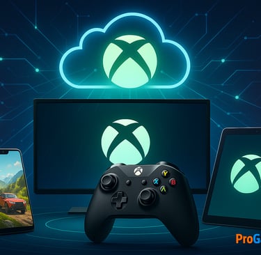 Xbox Cloud Gaming exibido em TV, smartphone e tablet com ícone de nuvem e controle.