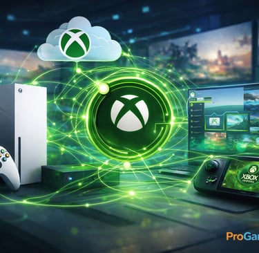 Ilustração do ecossistema Xbox com console, PC, nuvem e portátil conectados.