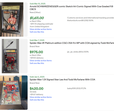 sold comic book signed listing on ebay with coa