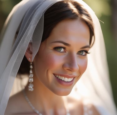 A close-up of a bride’s joyful expression, her veil softly glowing in natural light.