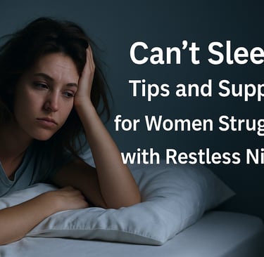 Tired woman with messy hair lies awake in bed at night, looking restless and unable to sleep
