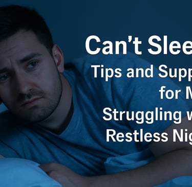 Tired man with messy hair lies in bed at night, staring at the ceiling, unable to sleep in a softly lit room.