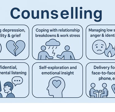 Counselling illustration showing key areas it supports, including depression, grief, relationships, self-esteem, and delivery