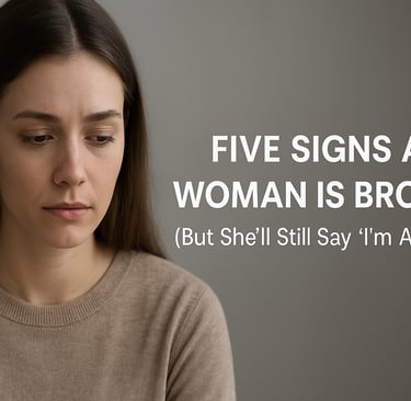 Thoughtful woman in sweater looking down, with blog text about hidden emotional pain and mental health awareness in woman