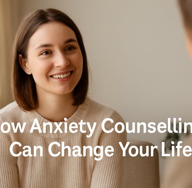 Smiling woman in a cream sweater during a counselling session. Text reads How Anxiety Counselling Can Change Your Life.